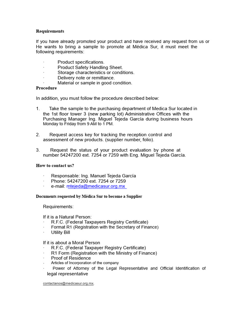 Médica Sur Supplier Requirements Guide | PDF