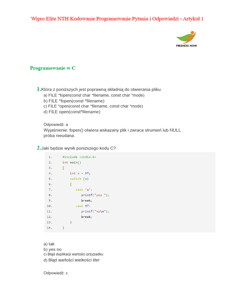 Wipro Elite NTH Arkusz Kodowania 1 | PDF
