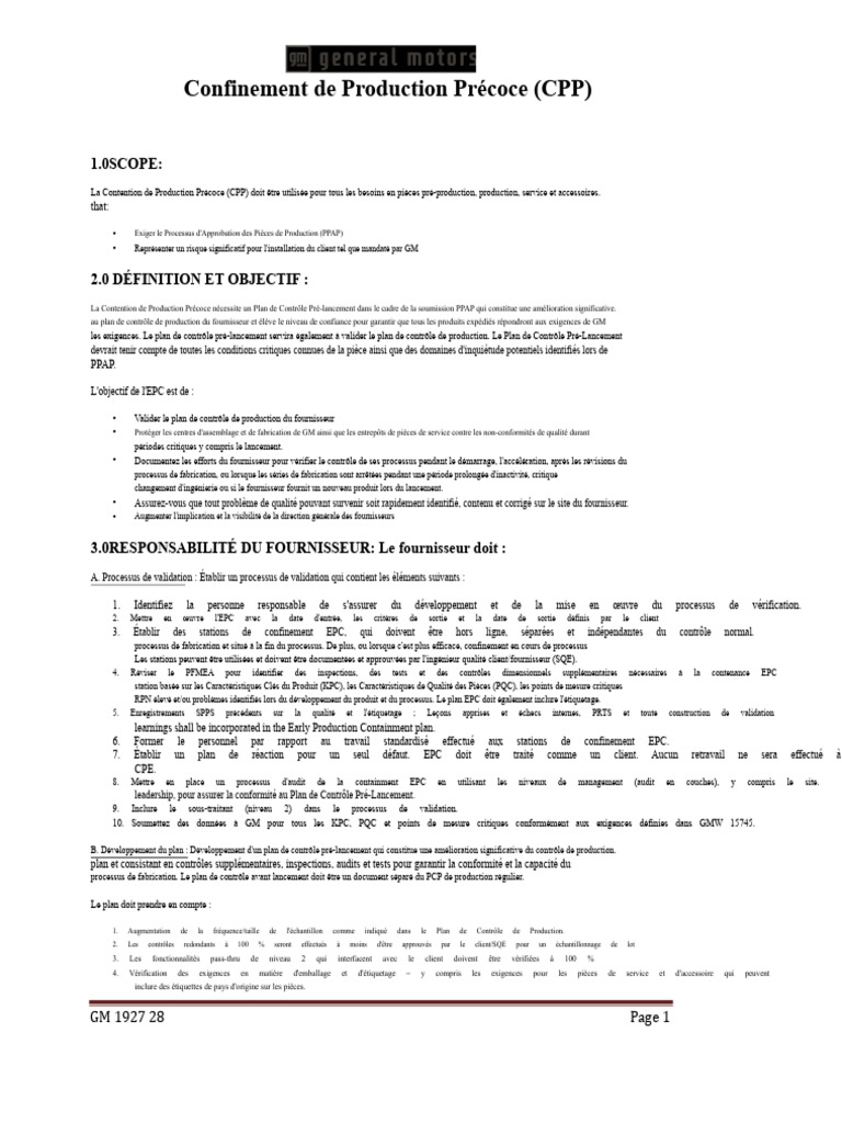 Contention de Production Précoce (CPP) GM | PDF | Audit | Business