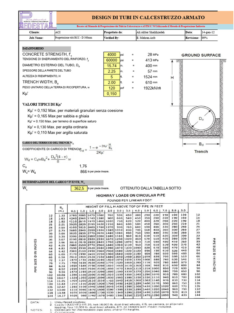 Foglio Di Calcolo Per La Progettazione Di Tubi In Cemento PDF