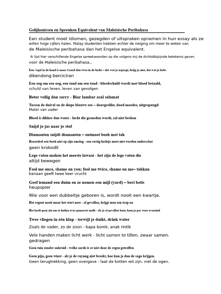 Proverbia en Gezegden Equivalent Van Maleisische Peribahasa. | PDF
