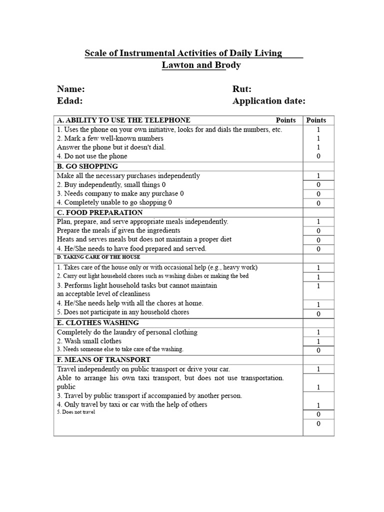 Instrumental Activities of Daily Living Scale | PDF