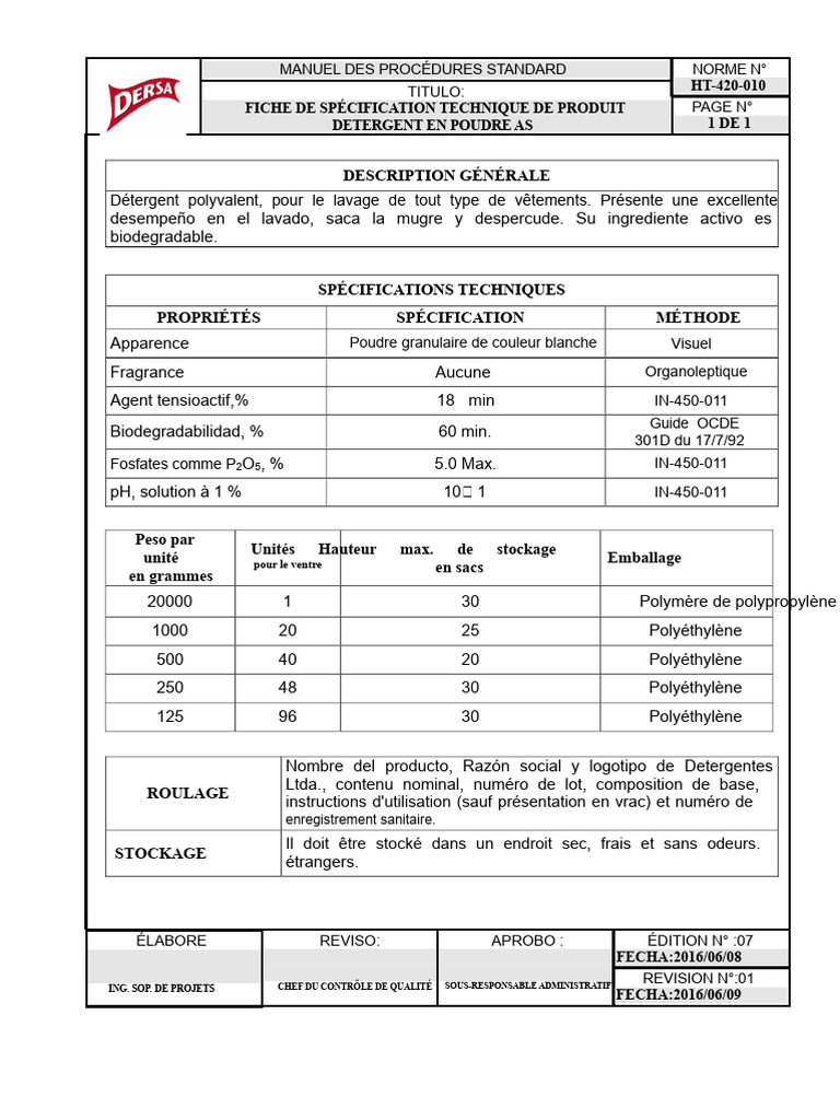 Fiche technique détergent en poudre AS | PDF | Matériaux
