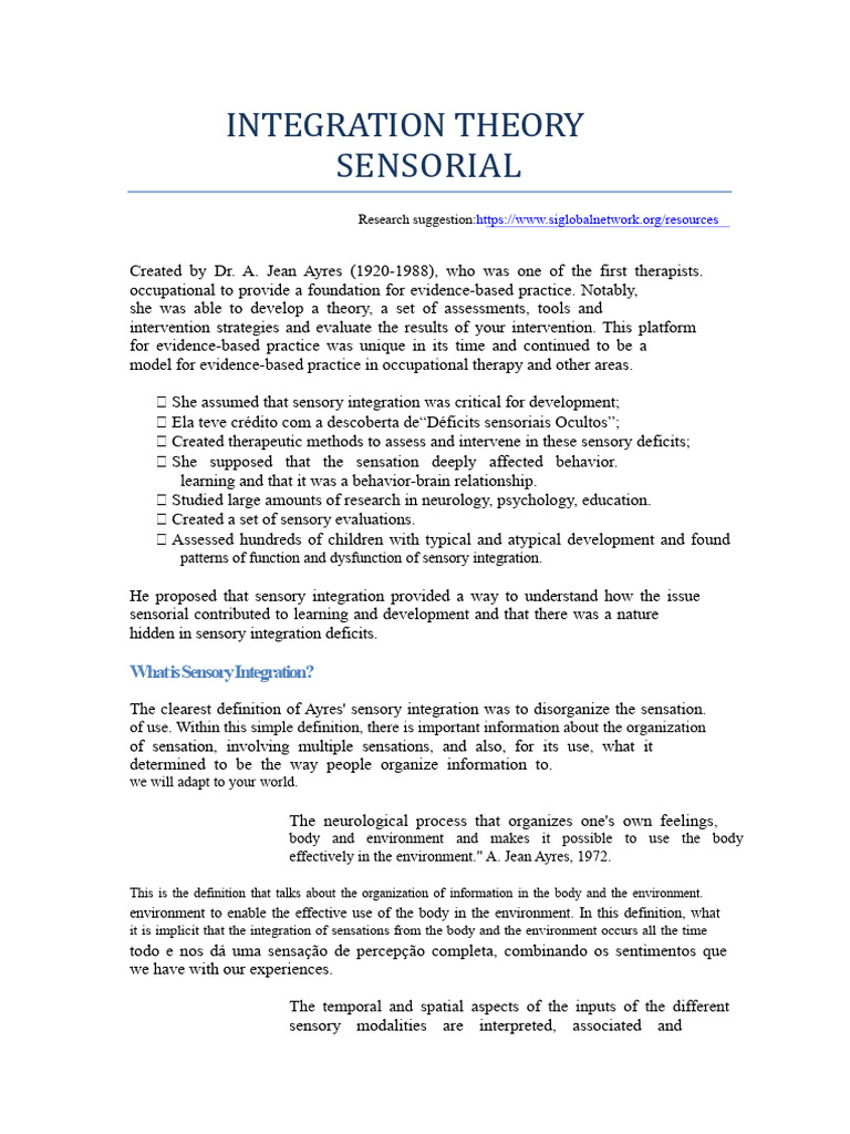SENSORIAL INTEGRATION THEORY - Handout | PDF | Perception | Senses