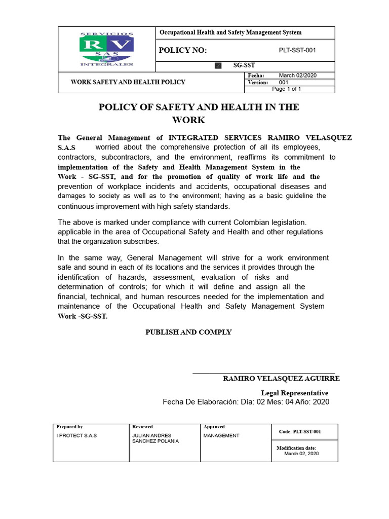 PLT-SST-001 Occupational Health and Safety Policy | PDF | Occupational ...