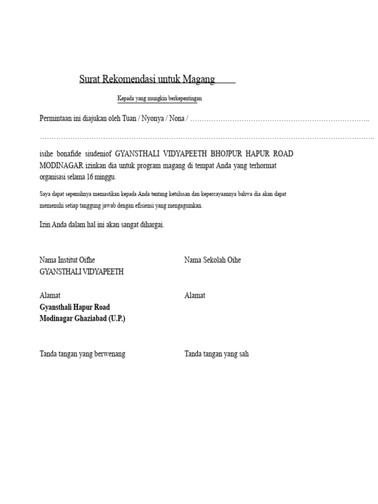 Surat Rekomendasi Untuk Magang | PDF