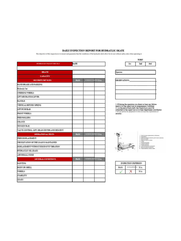 Hydraulic Skate Daily Inspection Report | PDF | Elevator | Manufactured ...