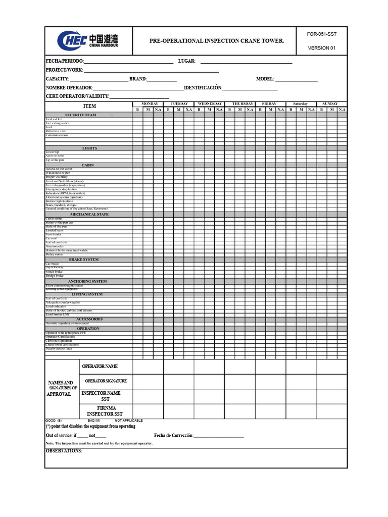 FOR-051-SST Preoperational Inspection Tower Crane Rev.0 | PDF | Crane ...