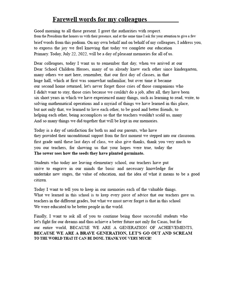 Farewell Speech for Graduating Students | PDF | Teachers | Learning