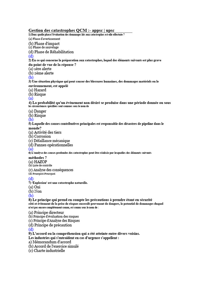 QCM sur la gestion des catastrophes | PDF | Risque | Gestion des risques