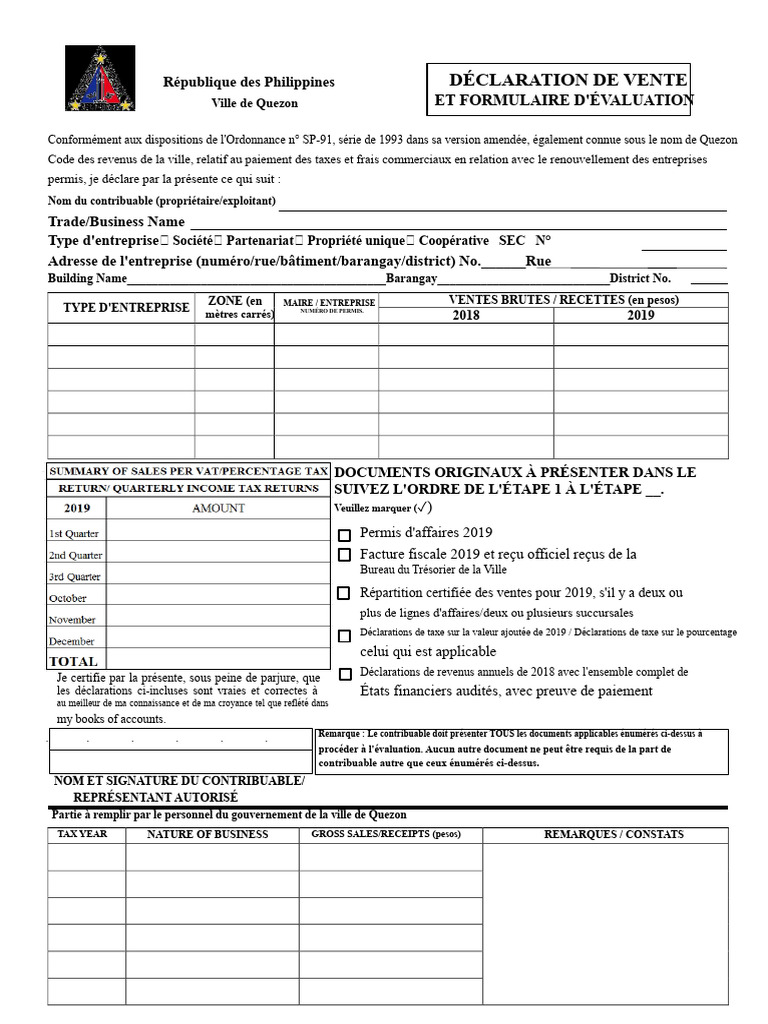 Déclaration de Vente et Évaluation Quezon | PDF | Impôts | Taxe sur la ...