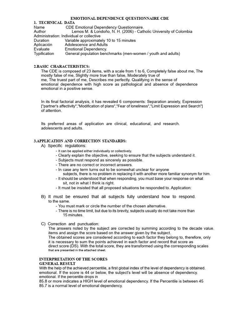Emotional Dependency Questionnaire CDE | PDF | Questionnaire | Adolescence