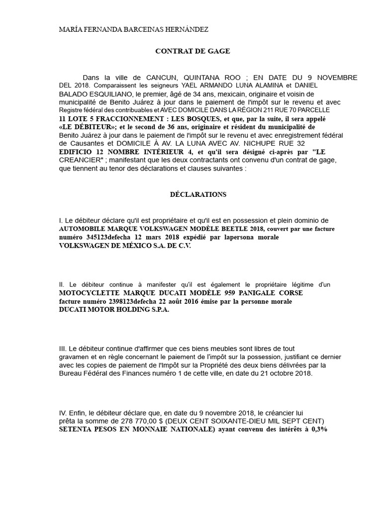 Contrat de gage entre débiteur et créancier | PDF | Débiteur | Dettes