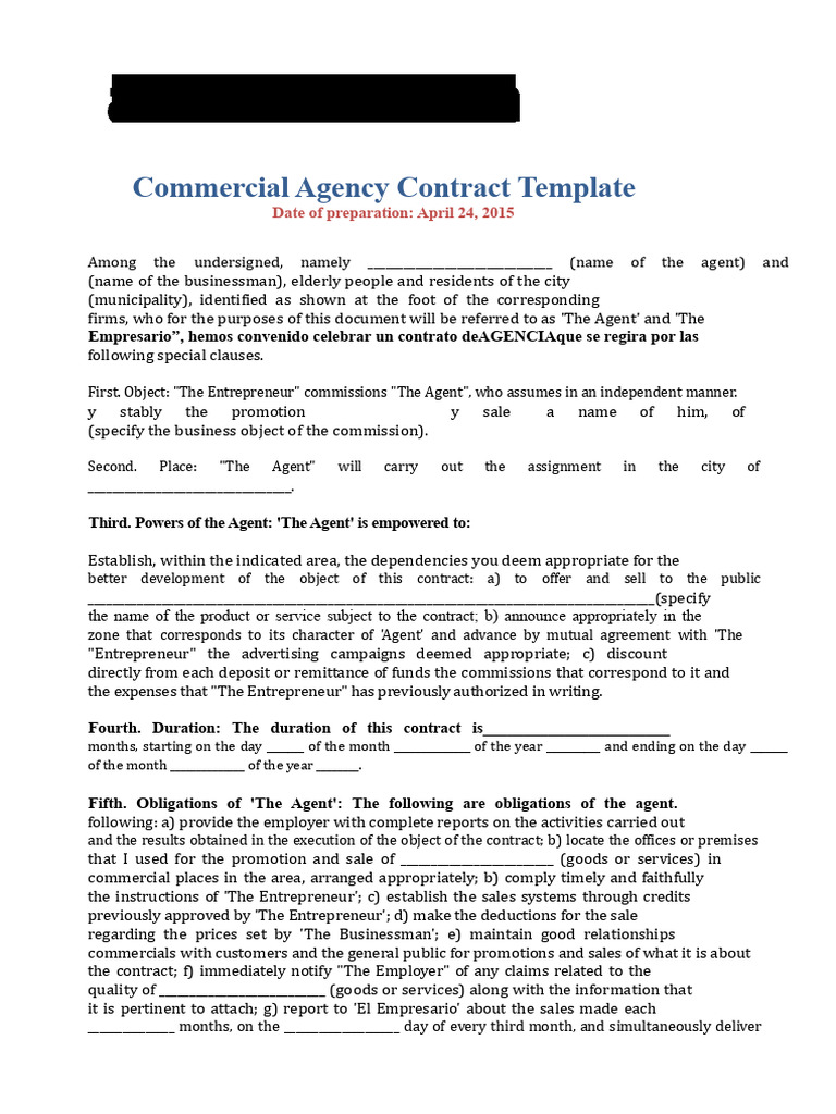 Commercial Agency Contract Template | PDF | Sales | Private Law