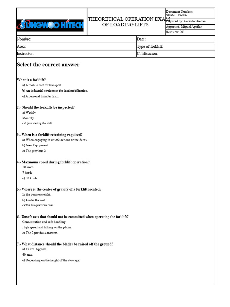 Forklift Operation Exam Guide | PDF | Forklift | Elevator