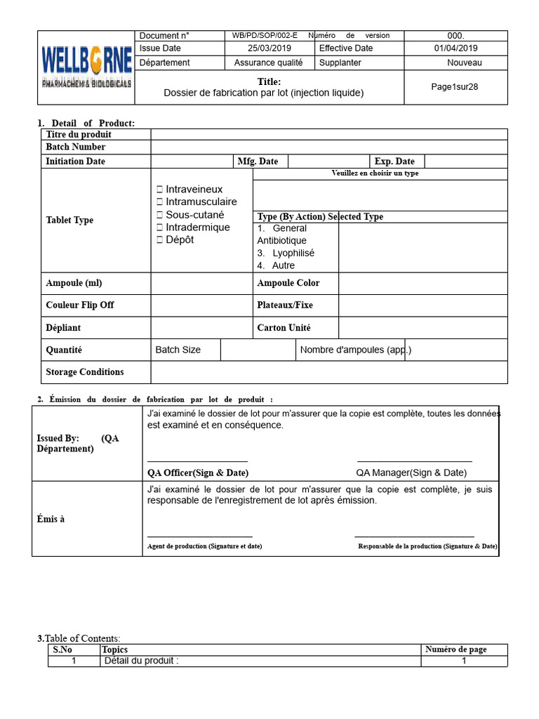 Dossier de Fabrication par Lot (Injection) | PDF