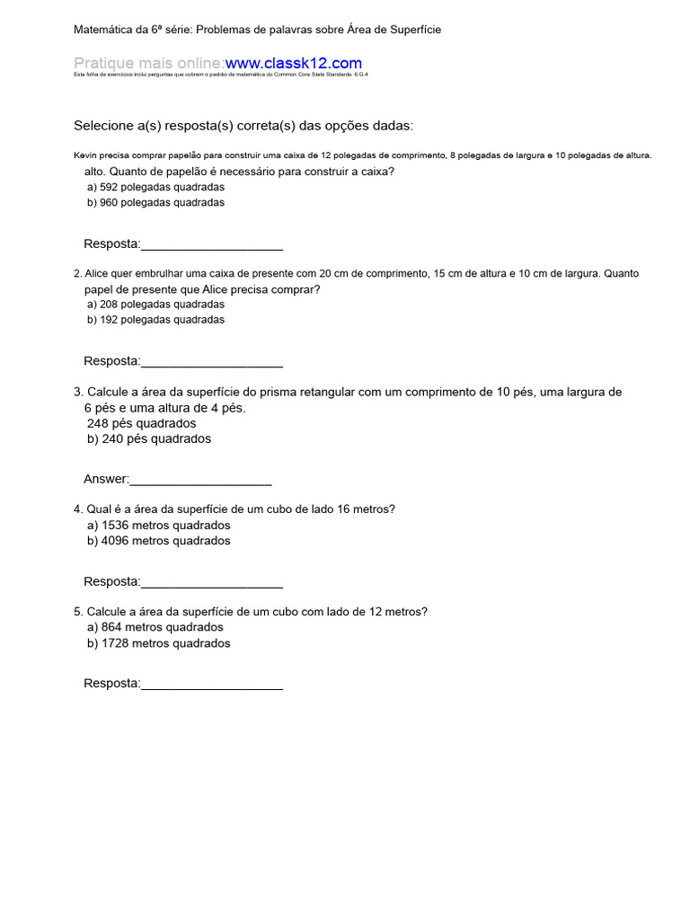 Problemas de Matemática da 6ª Série sobre Área de Superfície Classk12 | PDF