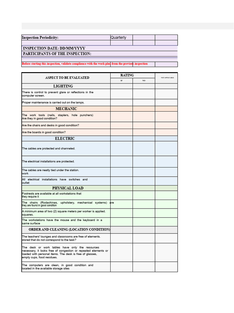 Quarterly Inspection Checklist Template | PDF | Desk | Lighting