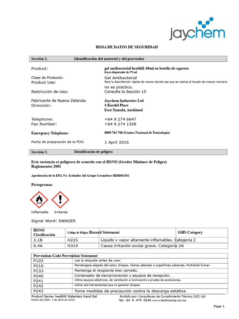 Gel Desinfectante de Manos Antibacteriano MSDS 0416 | PDF | Higiene ...
