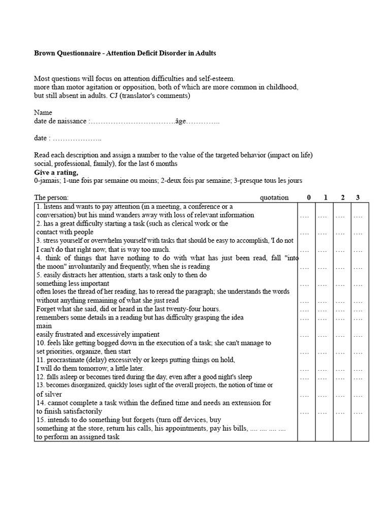 Brown Questionnaire for Adult ADHD Evaluation | PDF | Attention Deficit ...