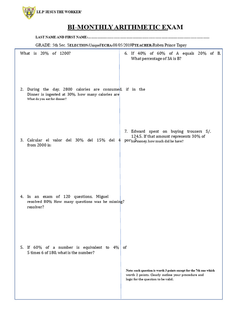 Bimonthly Arithmetic Exam 5th | PDF