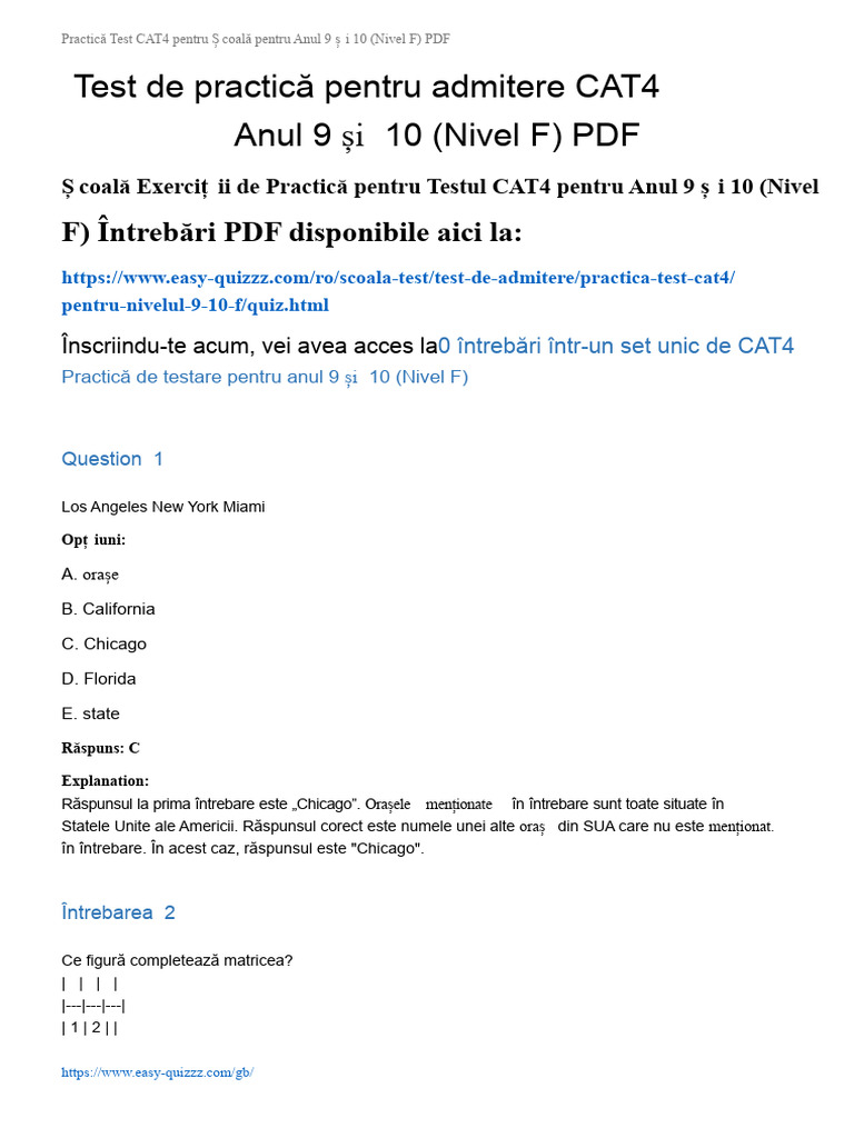 Cat4 Test Practice Pentru Nivelul 9 10 F | PDF