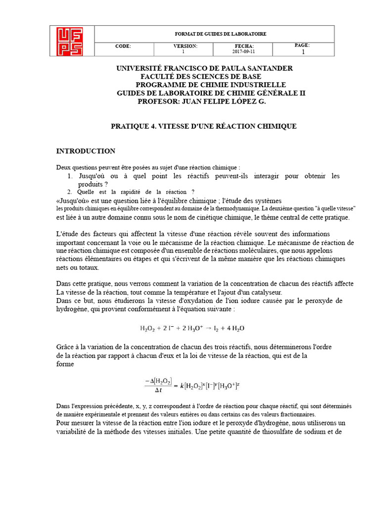 Vitesse de réaction chimique en laboratoire | PDF | Cinétique chimique ...