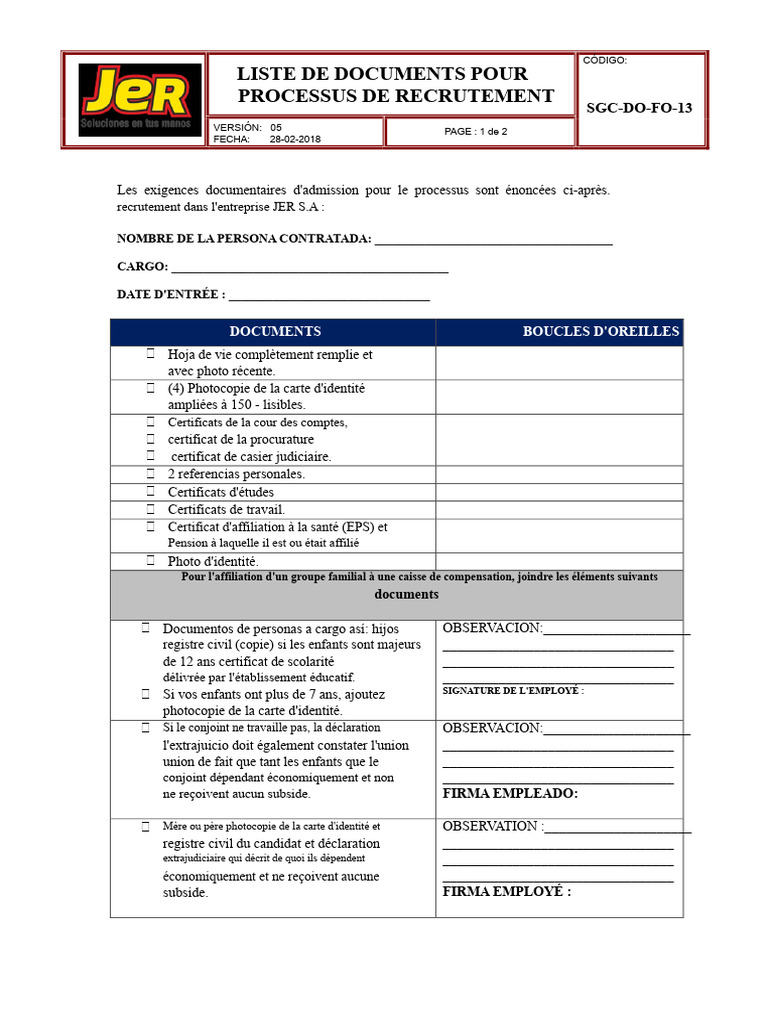 Documents requis pour le recrutement | PDF