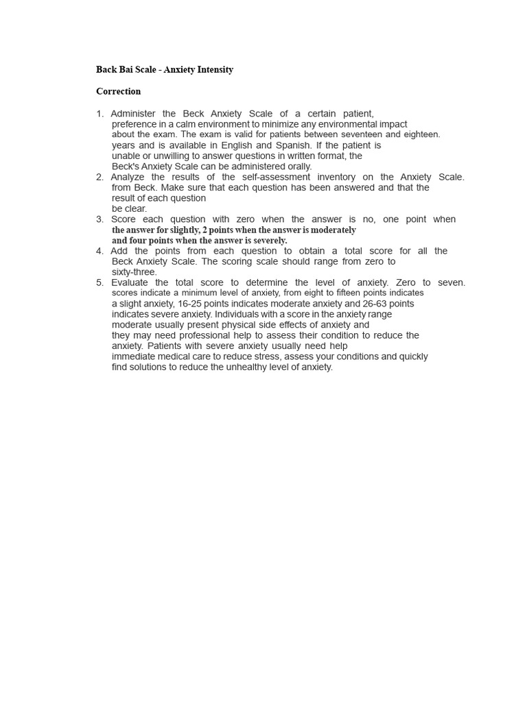 Back Anxiety Inventory - Correction Instructions | PDF