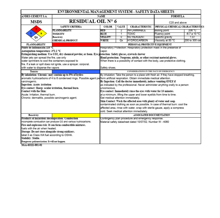 Residual Oil N° 6 Safety Data Sheet | PDF | Combustion | Personal ...