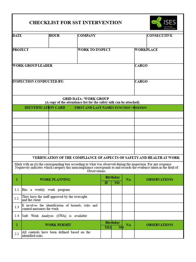 SST Intervention Checklist Template | PDF | Safety | Occupational ...