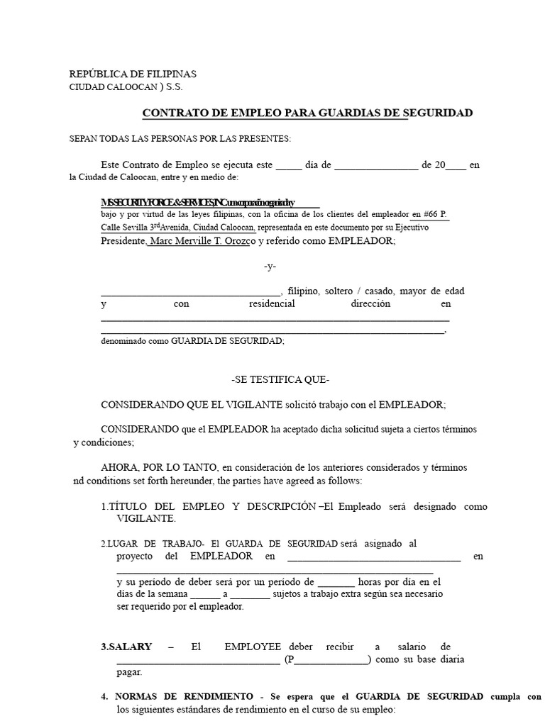 Contrato de Empleo para Guardias de Seguridad | PDF | Derecho laboral ...