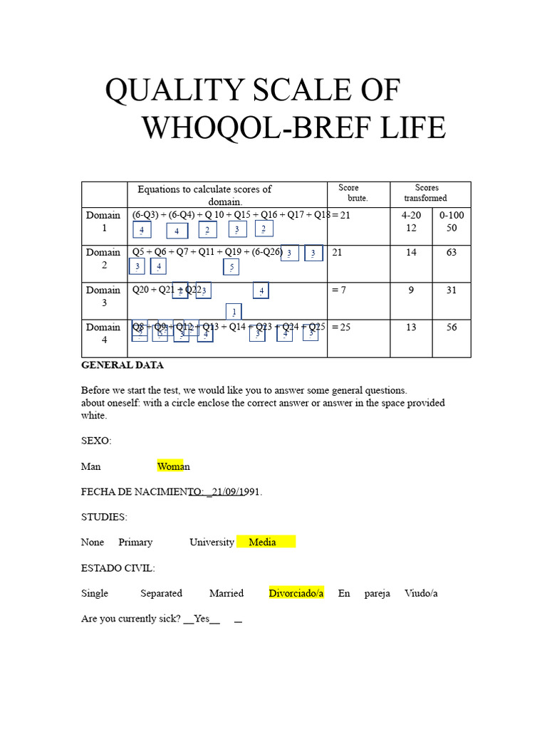 WHOQOL-BREF Quality of Life Assessment | PDF | Question | Mind