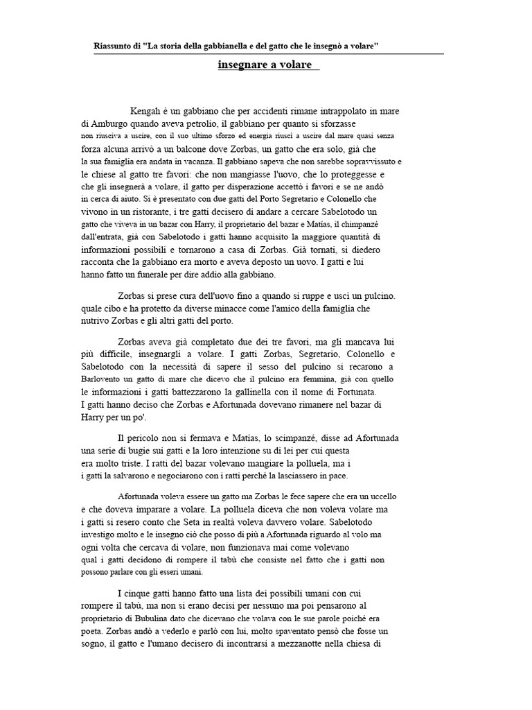 Riassunto La Storia Del Gabbiano e Del Gatto Che Gli Insegnò A Volare | PDF