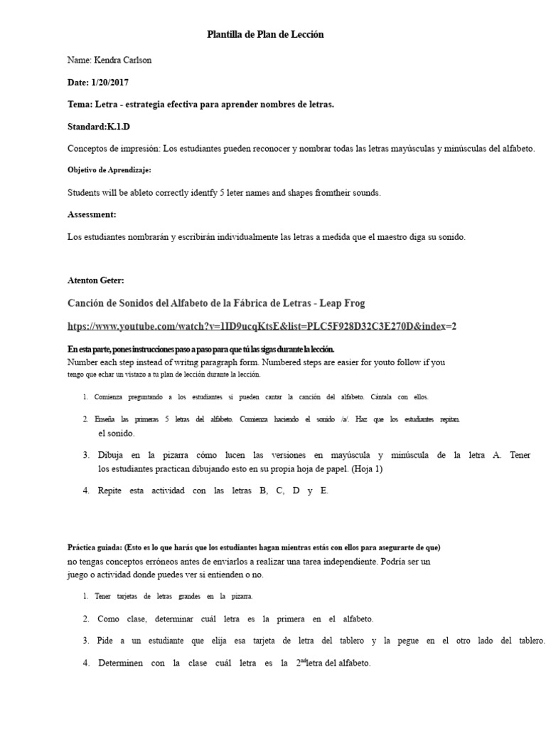 Plan de Lección: Aprendiendo Letras | PDF