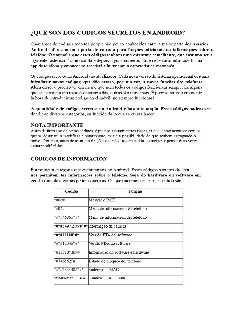 Códigos Secretos Android: Funções Ocultas | PDF | Android (sistema ...