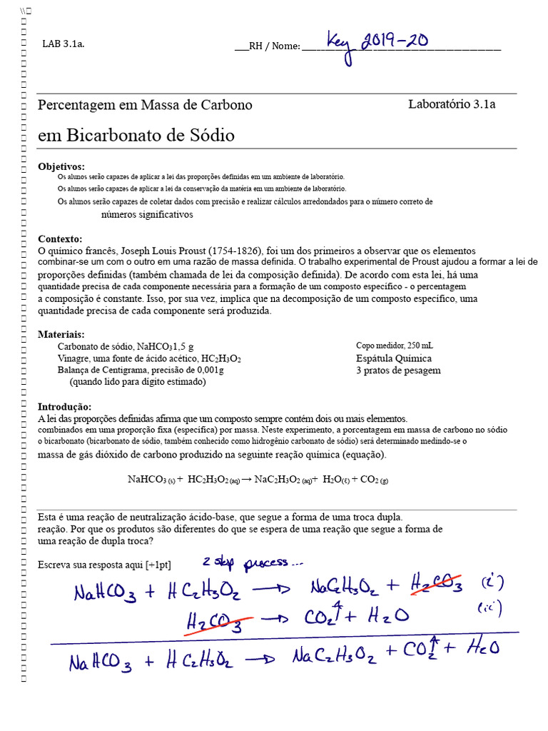 Laboratório 3-1a, Percentagem em Massa de Carbono no Bicarbonato de ...