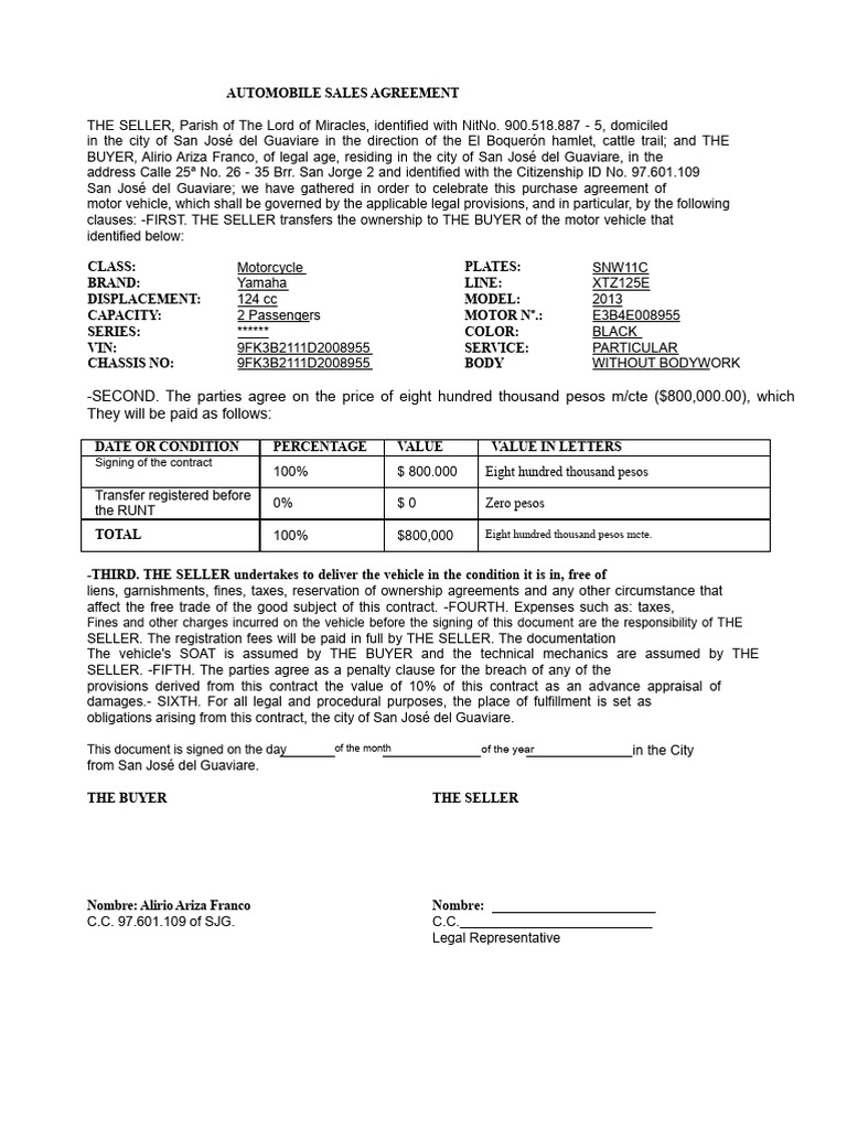 Automobile Sales Agreement Template | PDF | Private Law