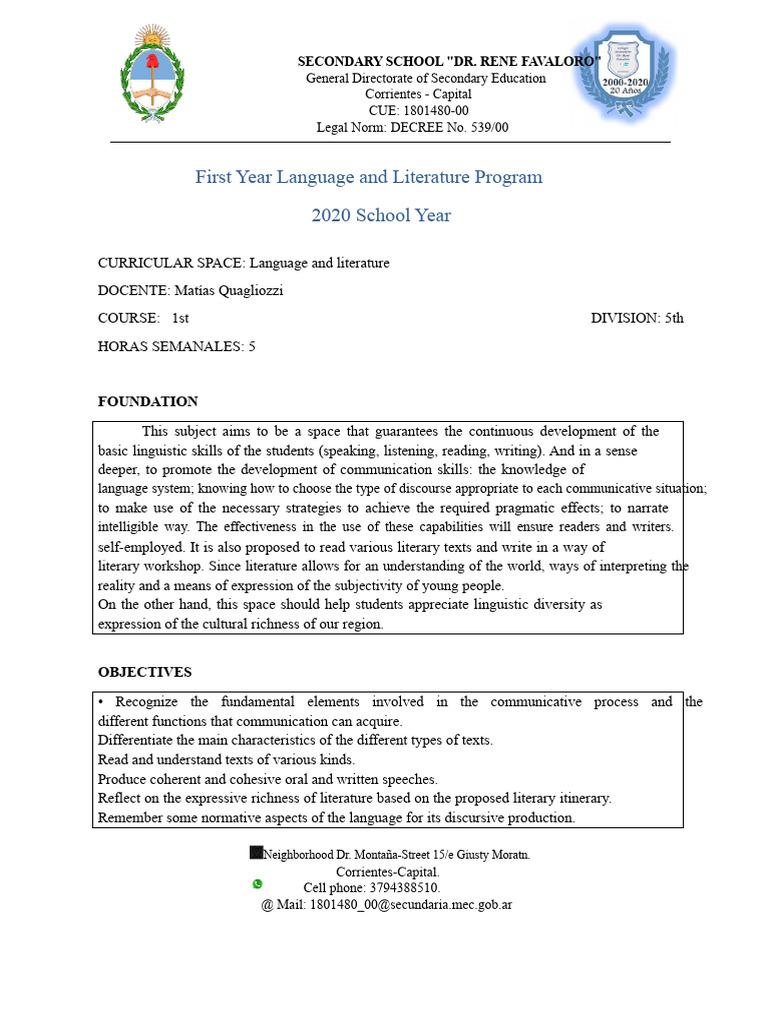 First Year Language and Literature Program Academic Year 2020 | PDF ...