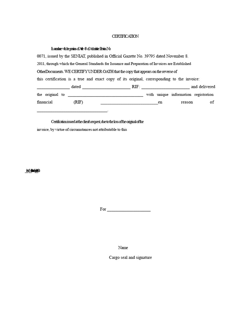 Invoice Certification Document Template | PDF