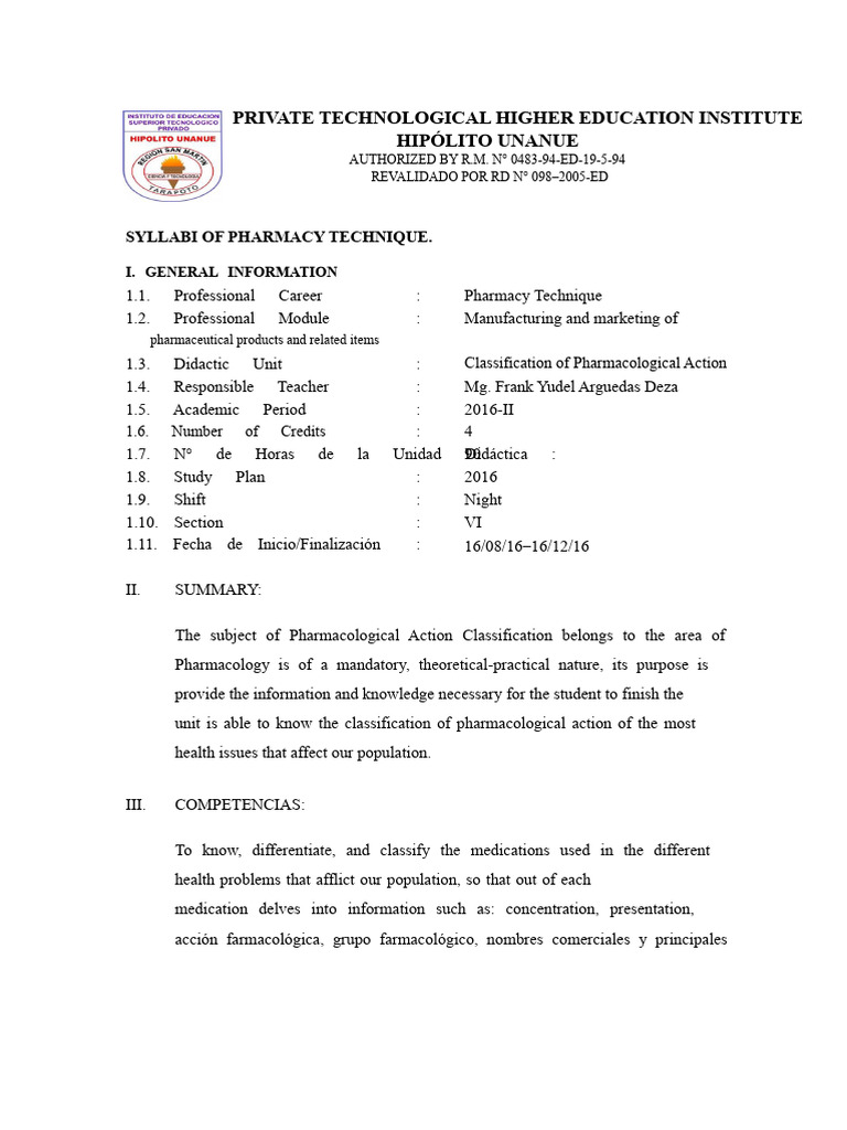 Pharmacy Technique Syllabus Overview | PDF | Pharmacology | Teachers
