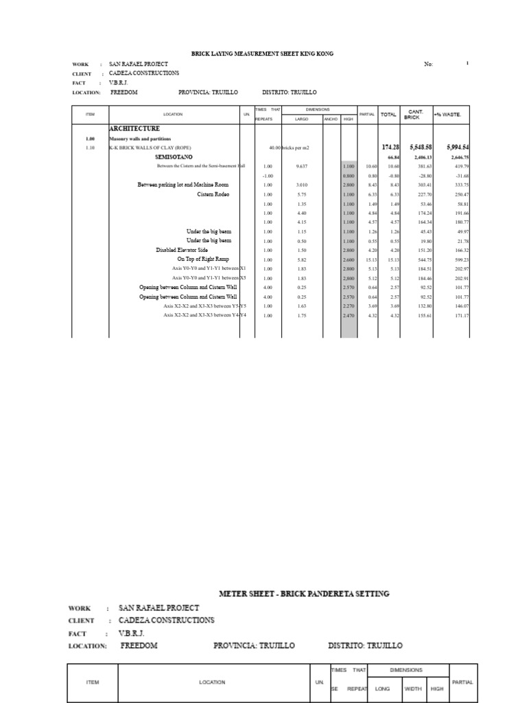 Brick Laying Measurement Sheet | PDF | Brick | Building Materials