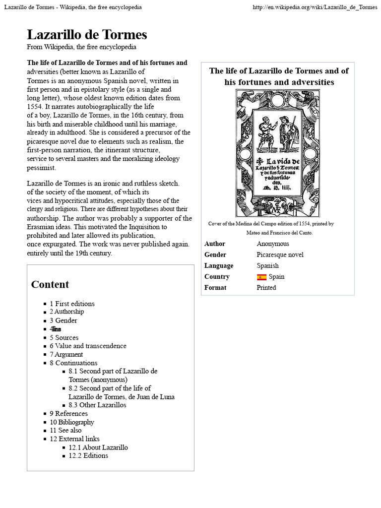 Lazarillo de Tormes - Wikipedia, The Free Encyclopedia PDF | PDF
