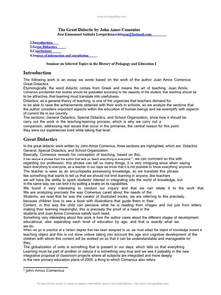 Comenius' Great Didactics Explained | PDF | Knowledge | Learning