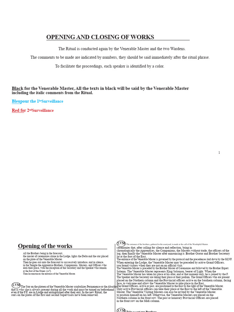 Masonic Ritual: Opening & Closing Procedures | PDF