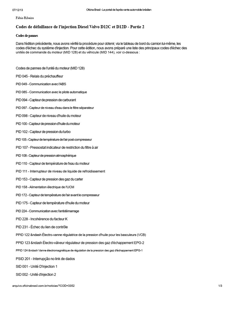 Codes de défaillance Diesel Volvo D12C/D12D | PDF | Injection (moteur ...