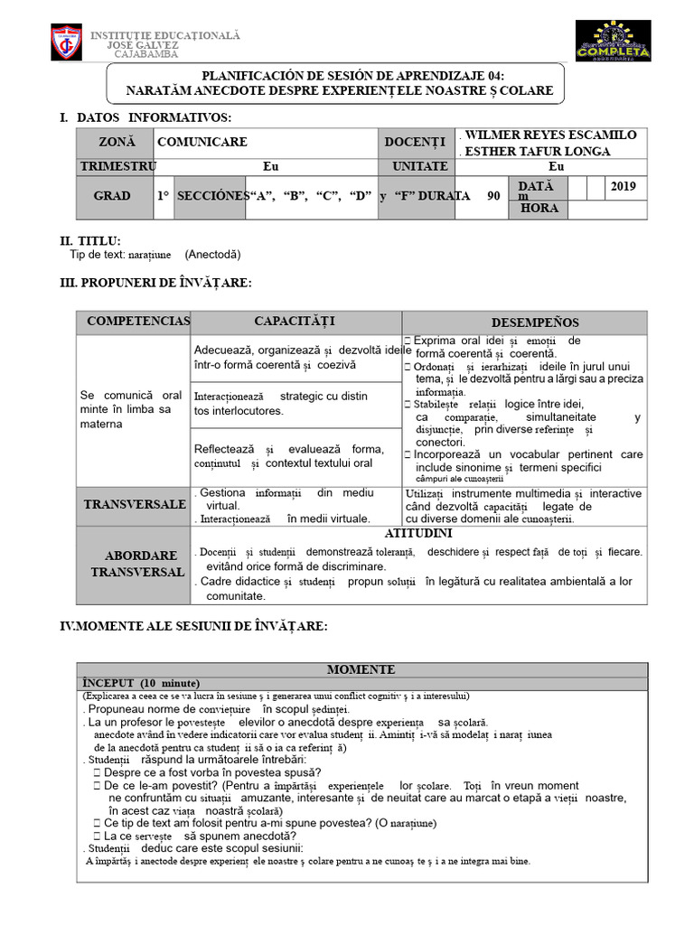Sesiunea 04 - NARATAM ANECDOTE SCOLARE - UNITA 1 | PDF