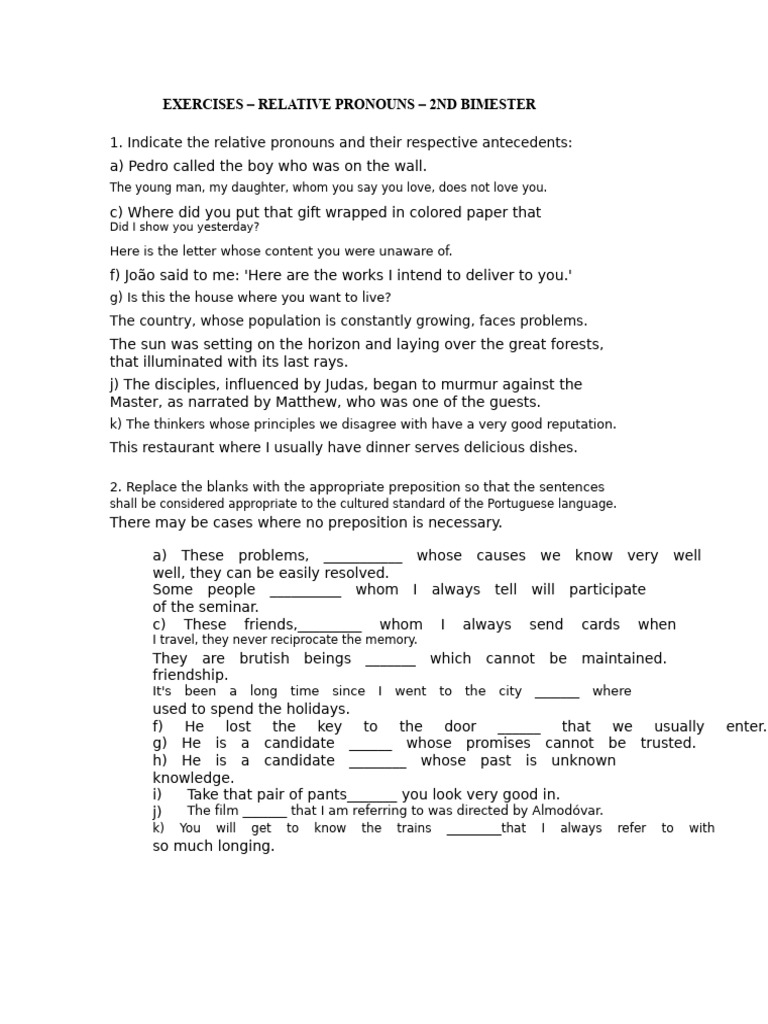 Relative Pronouns Exercises for Students | PDF | Syntax | Language ...