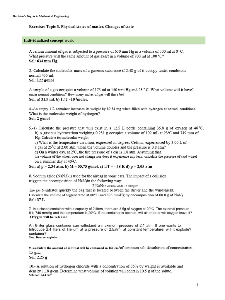Mechanical Engineering Gas Law Exercises | PDF | Gases | Acid
