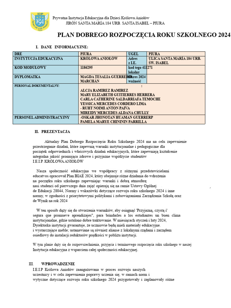 Plan Dobry Początek Roku Szkolnego | PDF